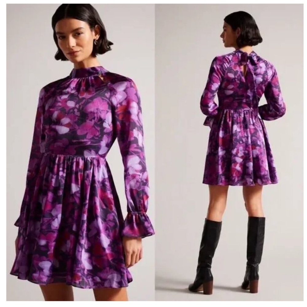 NWT Ted Baker Sammieh Floral Purple Print Long Sleeve Fit & Flare Mini Dress 0